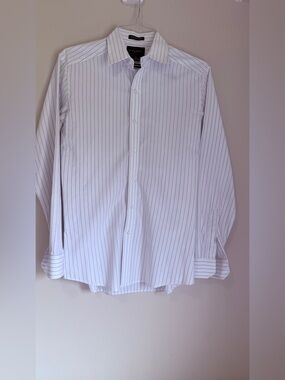 Black Brown 1826 Lord & Taylor’s Men’s White Dress Shirt with Thin Navy Stripes